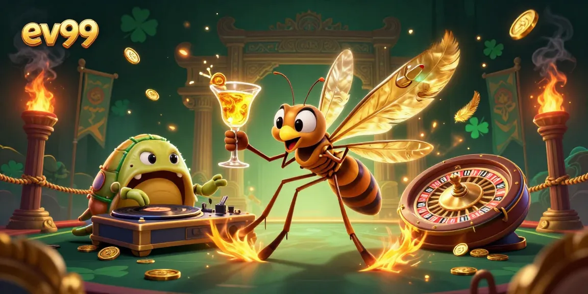 Experience the excitement of ev99 with a vibrant casino scene featuring a frozen mosquito mascot, trilobite DJ, and golden roulette wheel.