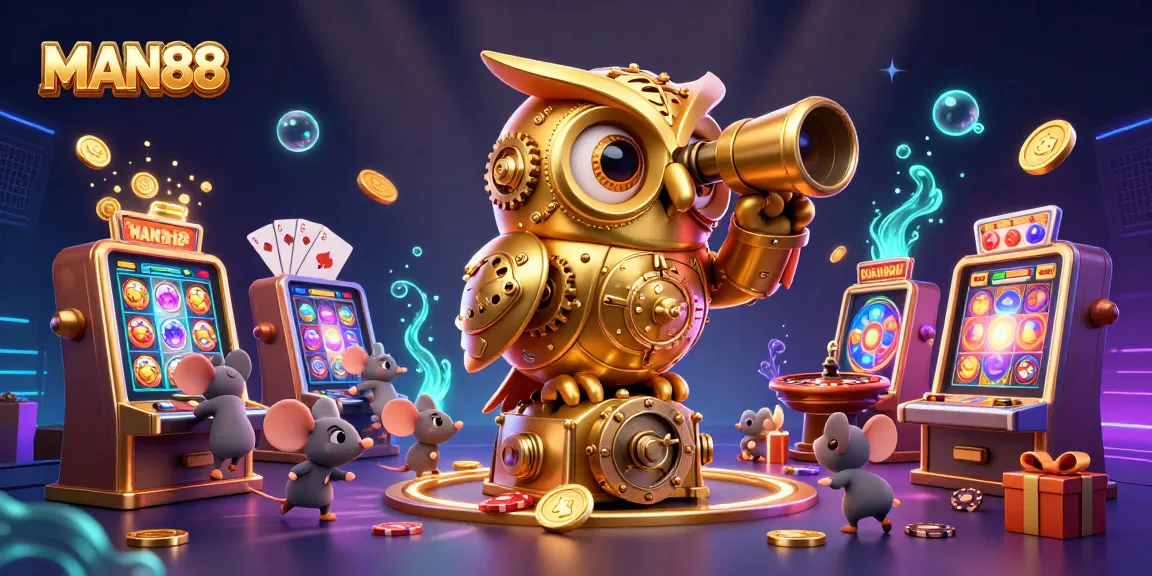 Spin to win at MAN88 with a captivating golden owl overseeing a vibrant casino floor filled with fun!