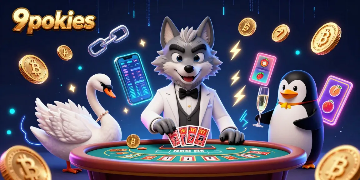 Experience 9pokies in a thrilling 3D casino fusion featuring animated characters and crypto elements.