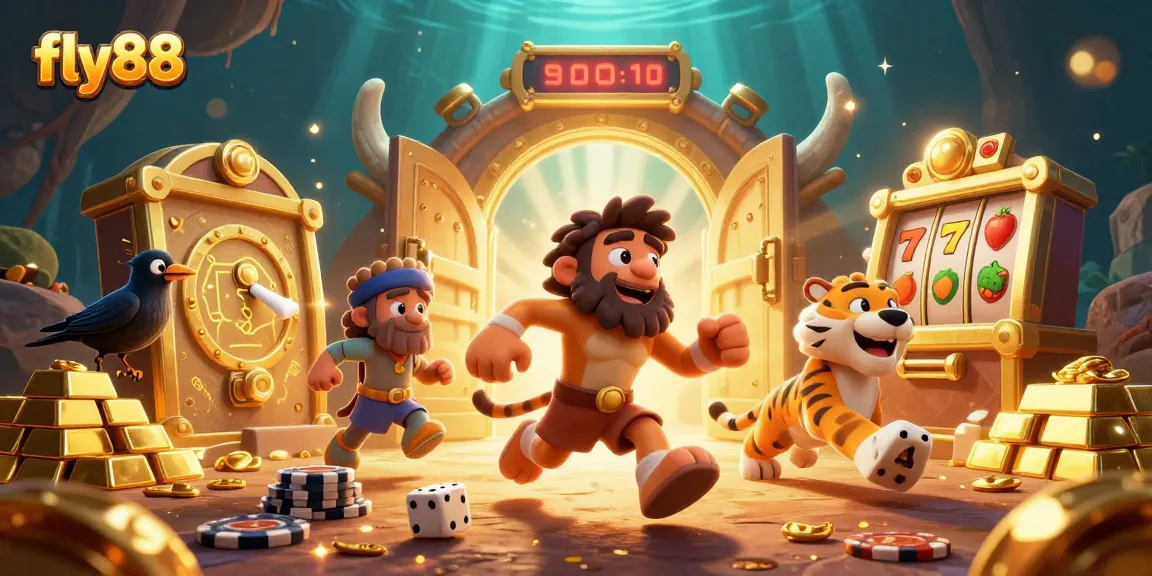 Experience excitement at fly88 with caveman and sabertooth duo in a vibrant prehistoric casino scene.