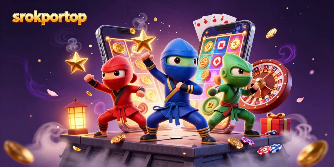 srokportop showcases ninja chameleons amidst colorful slot game elements in a dynamic casino scene.