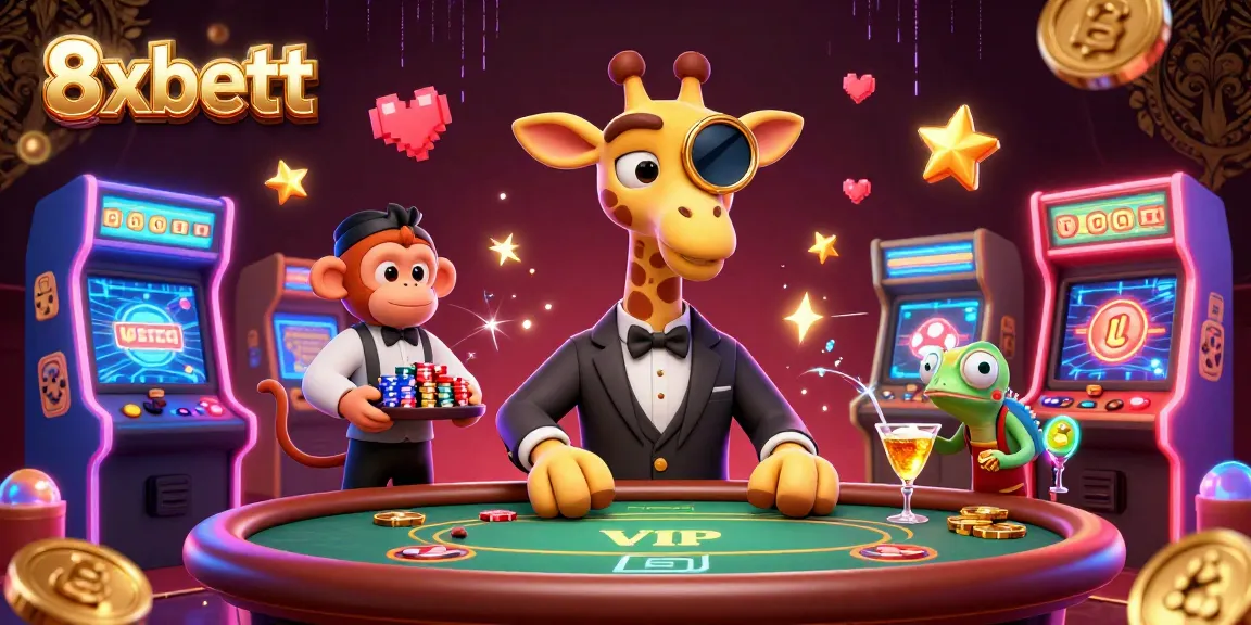 Experience exhilarating gaming at 8xbett with a thrilling illustration featuring a giraffe, monkey, and chameleon.