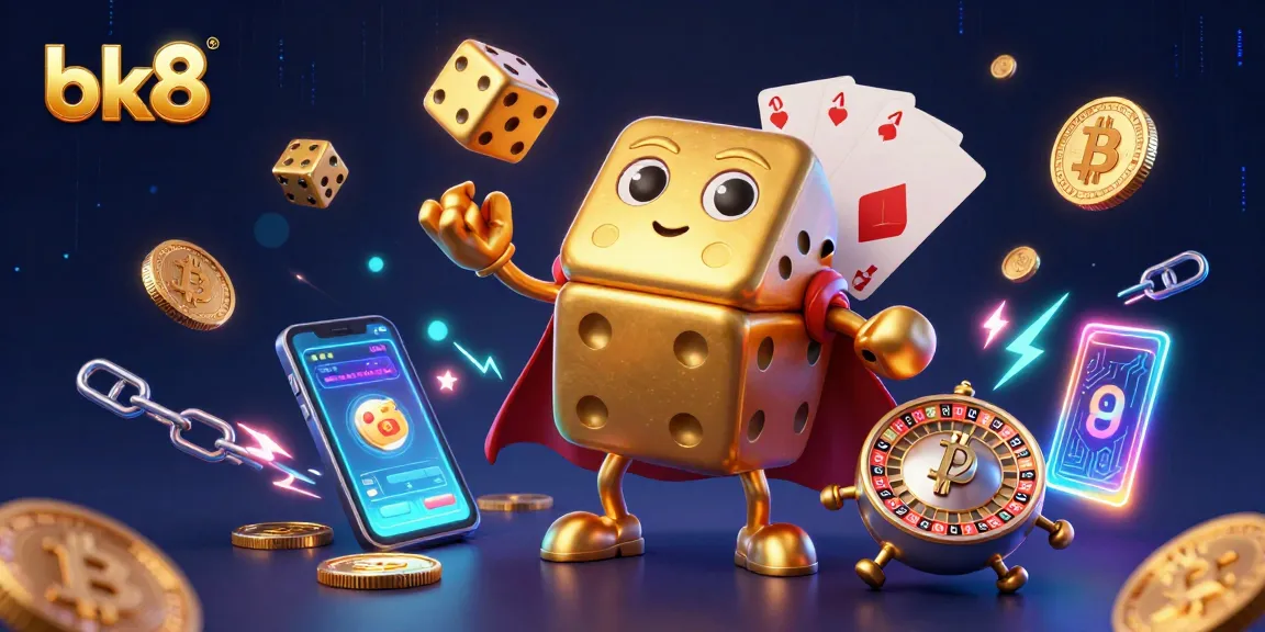 Experience thrilling moments at bk8 as a golden dice golem juggles fortunes and luck in a vibrant, energetic casino scene.