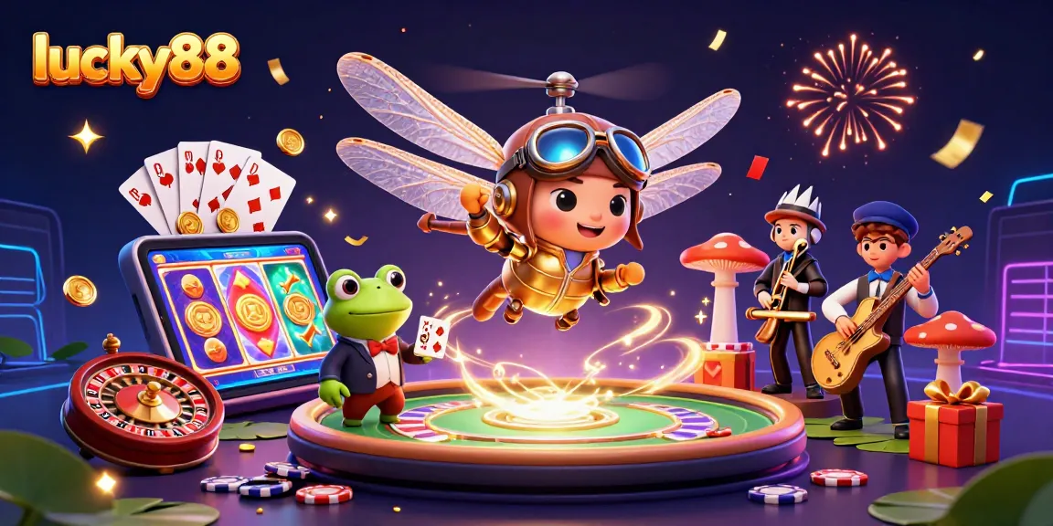 Engage in the lively world of lucky88, where a dragonfly pilot and frog croupier deal cards amid festive jazz.