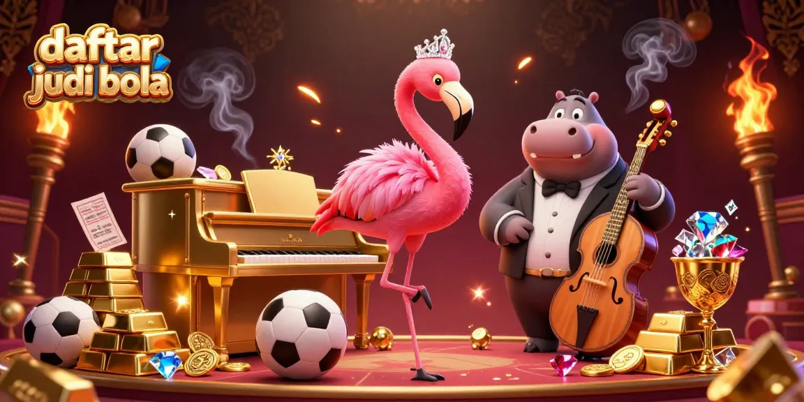 Experience daftar judi bola with a lively 3D illustration of a flamingo and hippo in a casino setting.