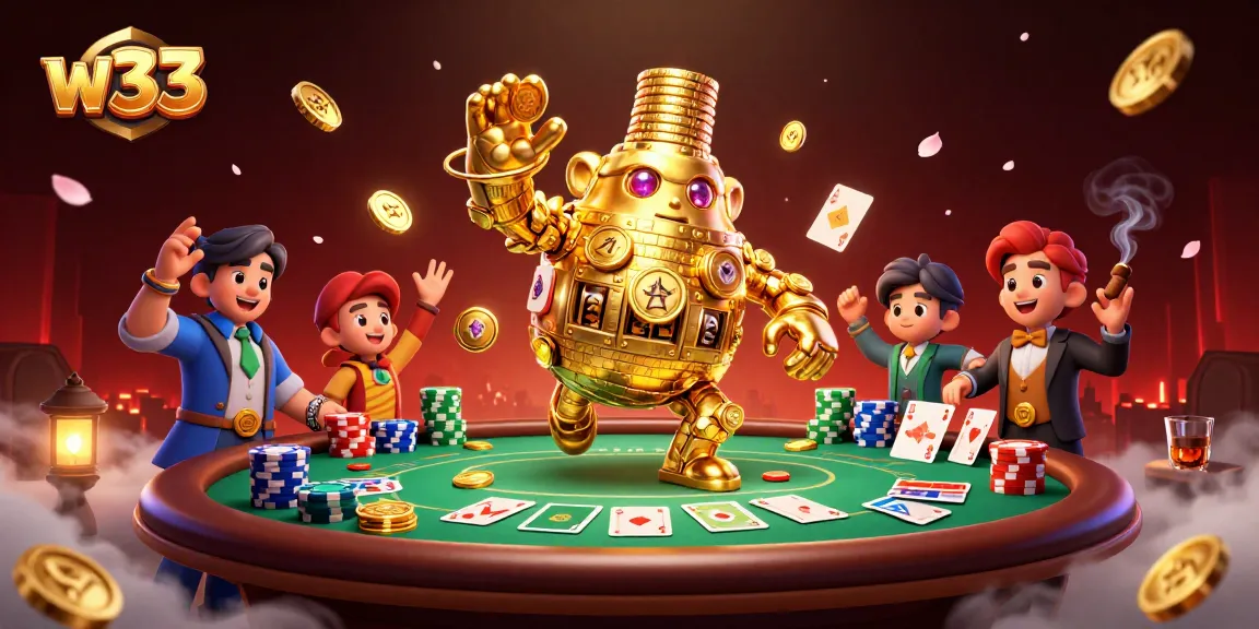 Unleash the enchanting world of w33 gaming with vibrant poker elements and golden golems