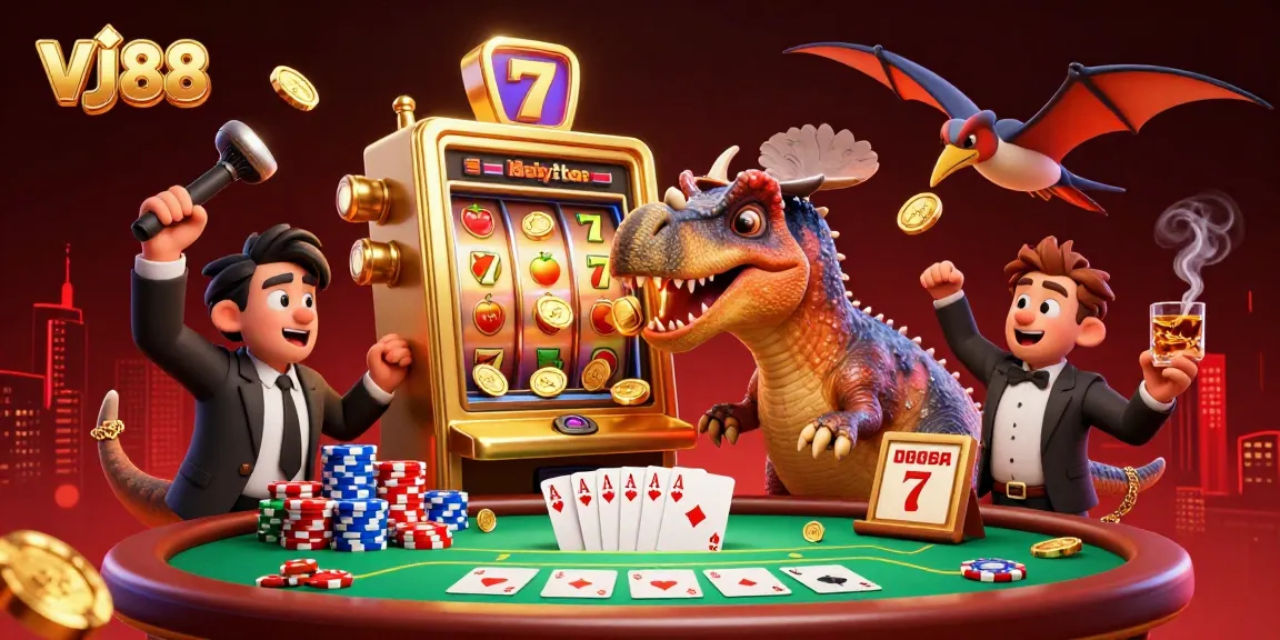 Experience VJ88 excitement as a pachycephalosaurus wins jackpots in this vibrant casino scene.