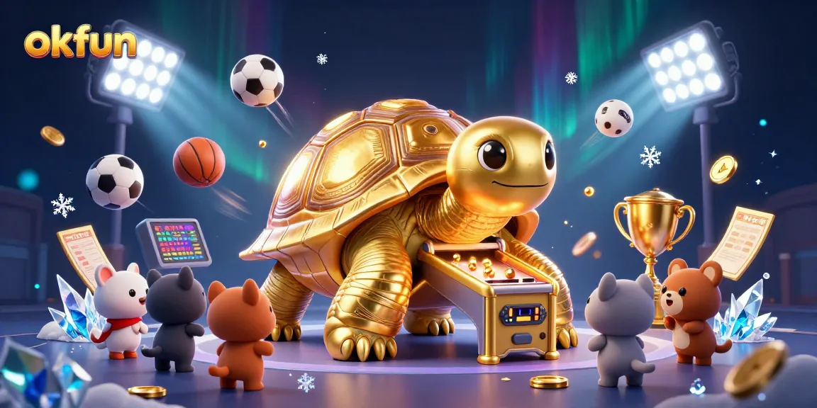 Experience thrilling gaming at okfun with a colossal golden tortoise pinball machine in a dynamic casino atmosphere.