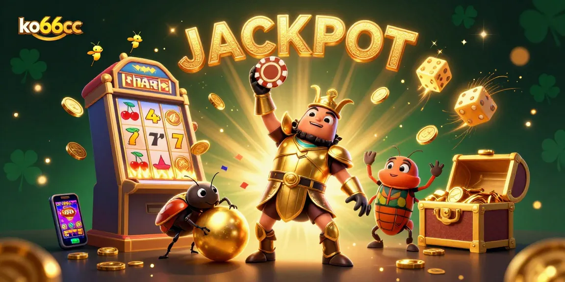 Experience the thrills of ko66cc with a dazzling 3D scene featuring a triumphant hero beetle and vibrant casino elements.